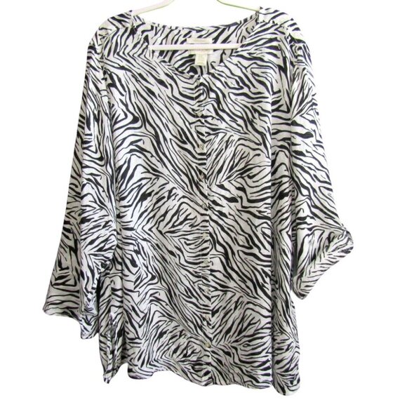 Cynthia Rowley Zebra White Black 100% Linen Button Top Size 3X Roll Tab Sleeve - Picture 1 of 9